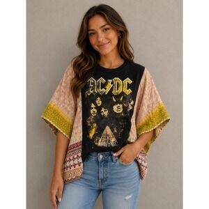 AC/DC Highway Upcycled Kantha Quilt Patchwork Graphic T-Shirt Kimono Top O/S